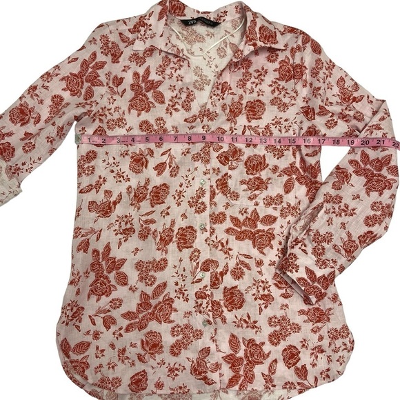LIKE NEW Zara Baby Pink Floral Print Roll Sleeve 100% Linen Button Down Sz XS - Picture 6 of 7